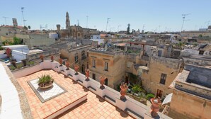 Una terraza en la azotea con baldosas de terracota, plantas en macetas y vistas de edificios circundantes.