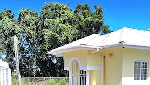 A single-story yellow house with a red pathway leading to the entrance, surrounded by greenery and a clear blue sky. - The Cabin Retreat (Bonne Terre)