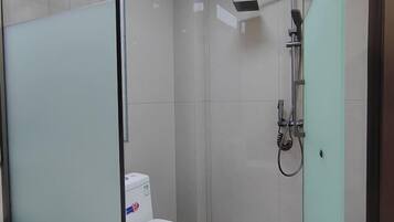 Un baño moderno con mampara de vidrio, ducha e inodoro.