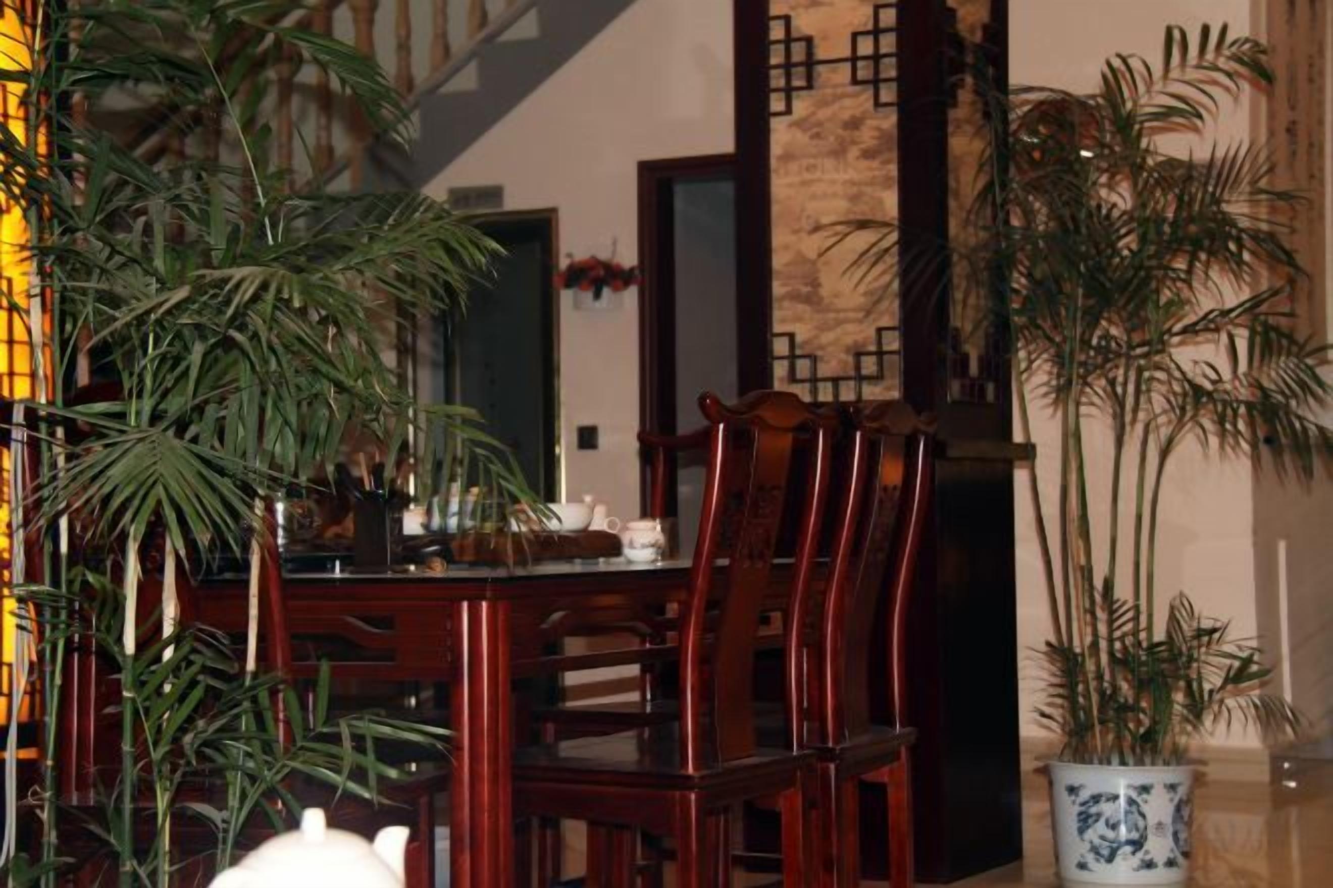 A dining area with wooden chairs and a table, a potted plant, and a decorative wall.