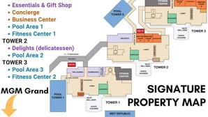 Mapa de la propiedad de un hotel con tres torres, cada una con servicios como salas de estar, Starbucks y gimnasios.