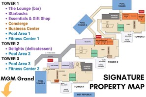 Mapa de la propiedad de un hotel con tres torres, cada una con servicios como salas de estar, Starbucks y gimnasios.