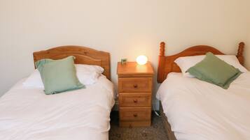 Two single beds with wooden headboards, a nightstand with a lamp, and a carpeted floor.