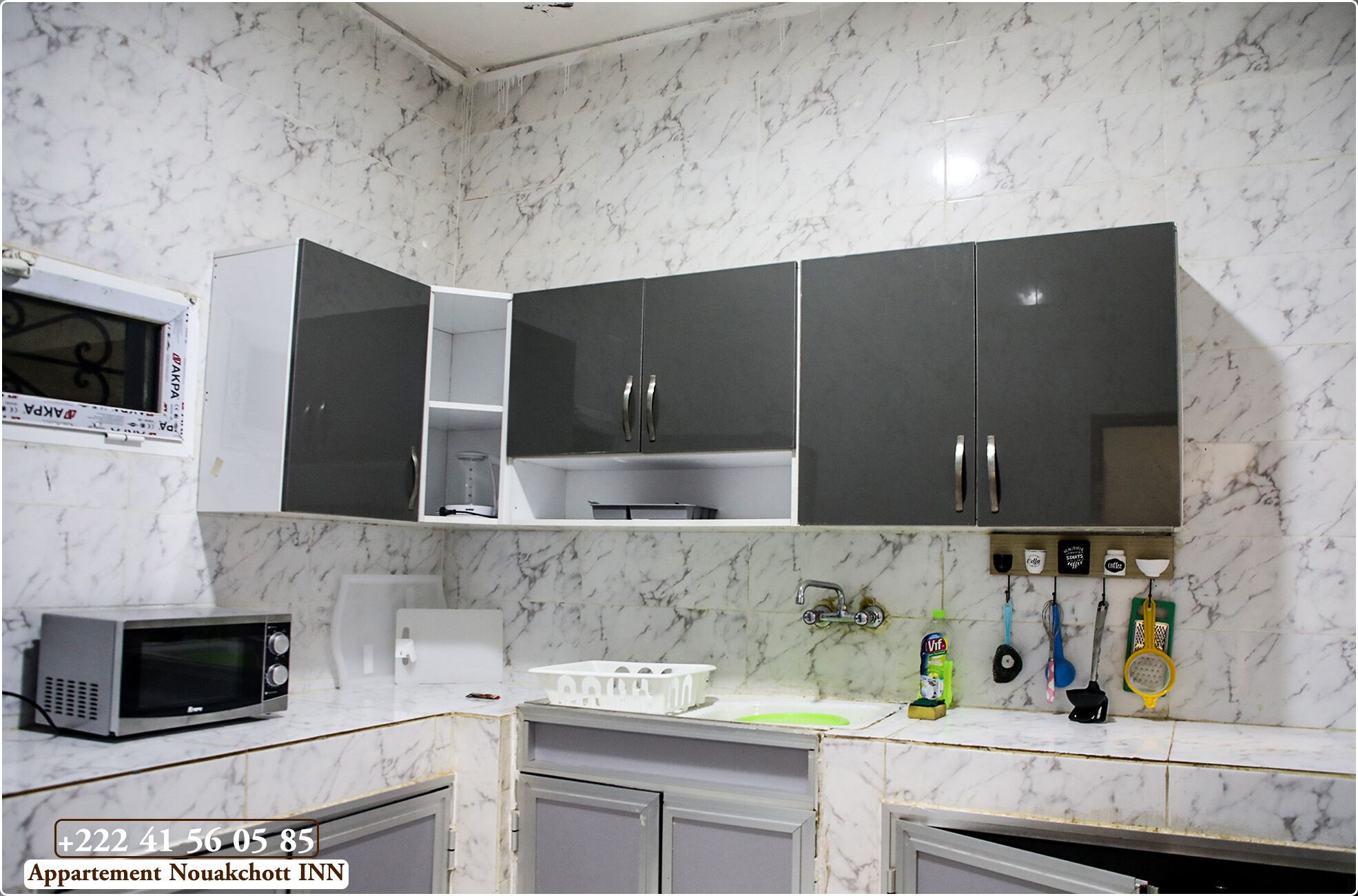 Full-size fridge, microwave, oven, blender