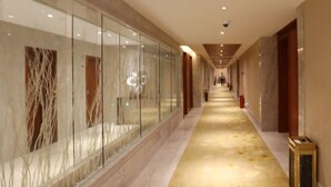 A long, narrow hallway with glass walls on one side and a carpeted floor. - Zhonghe Tianyi Hotel (Dujiangyan)