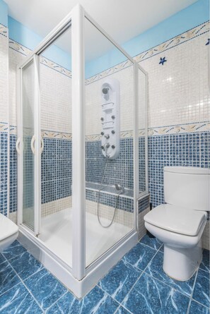Regadera, secadora de cabello, bidet, toallas 