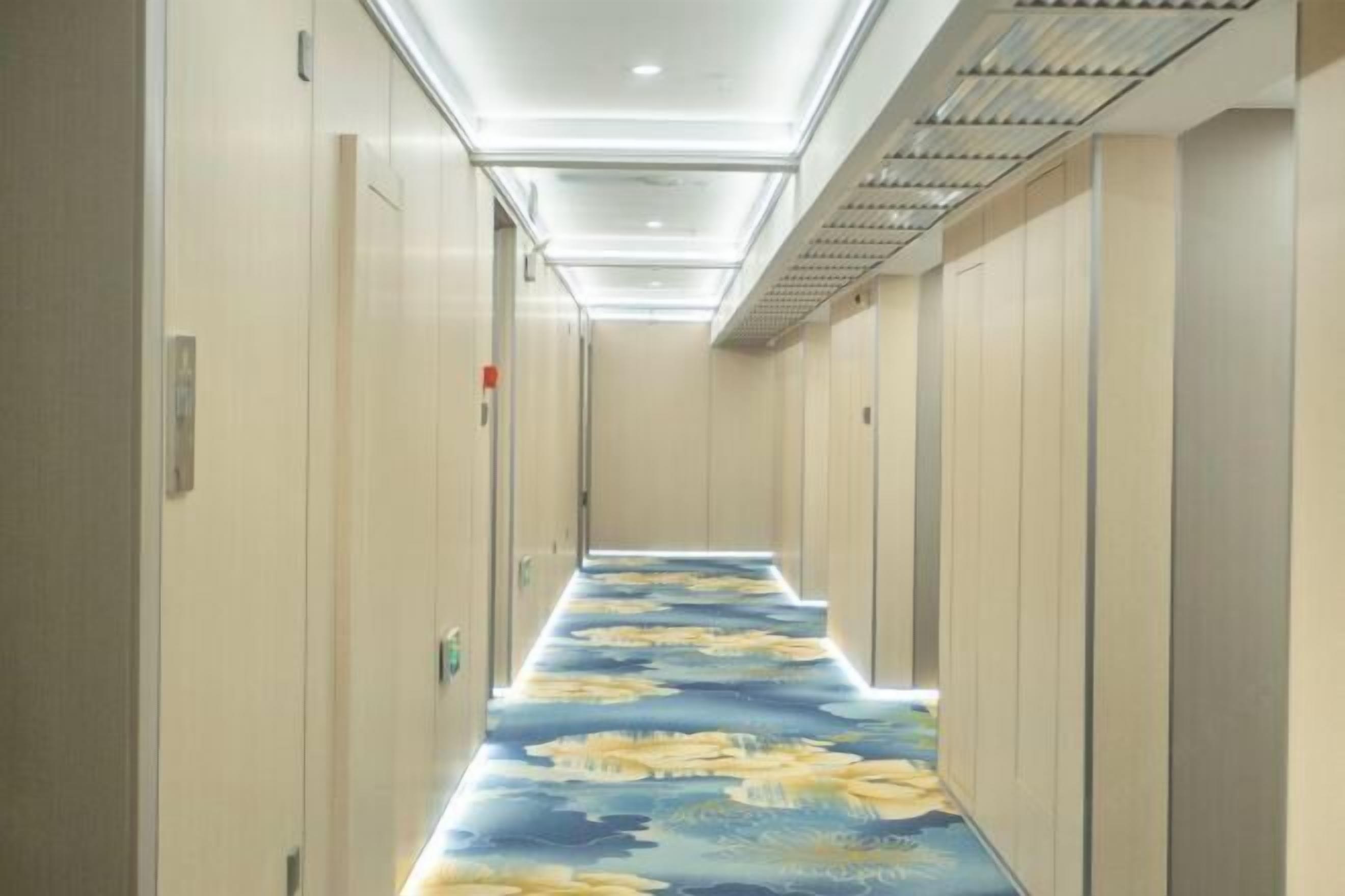 A narrow hallway with a patterned carpet, doors on both sides, and a ceiling with recessed lighting.