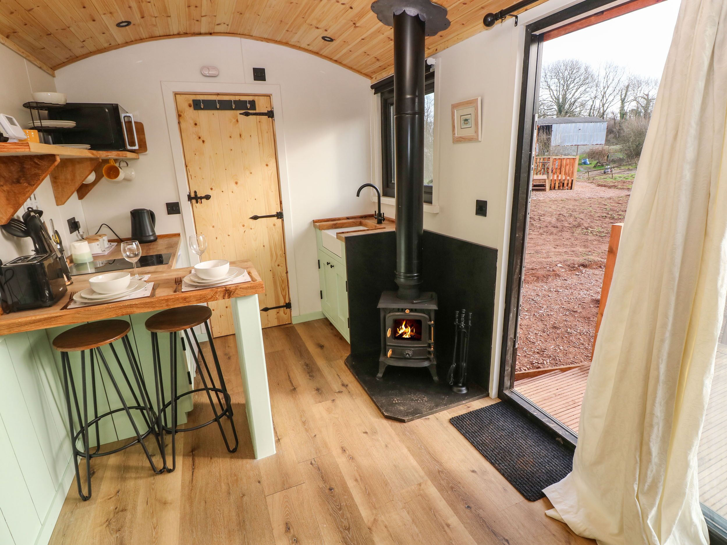 Fridge, electric kettle, cookware/dishes/utensils