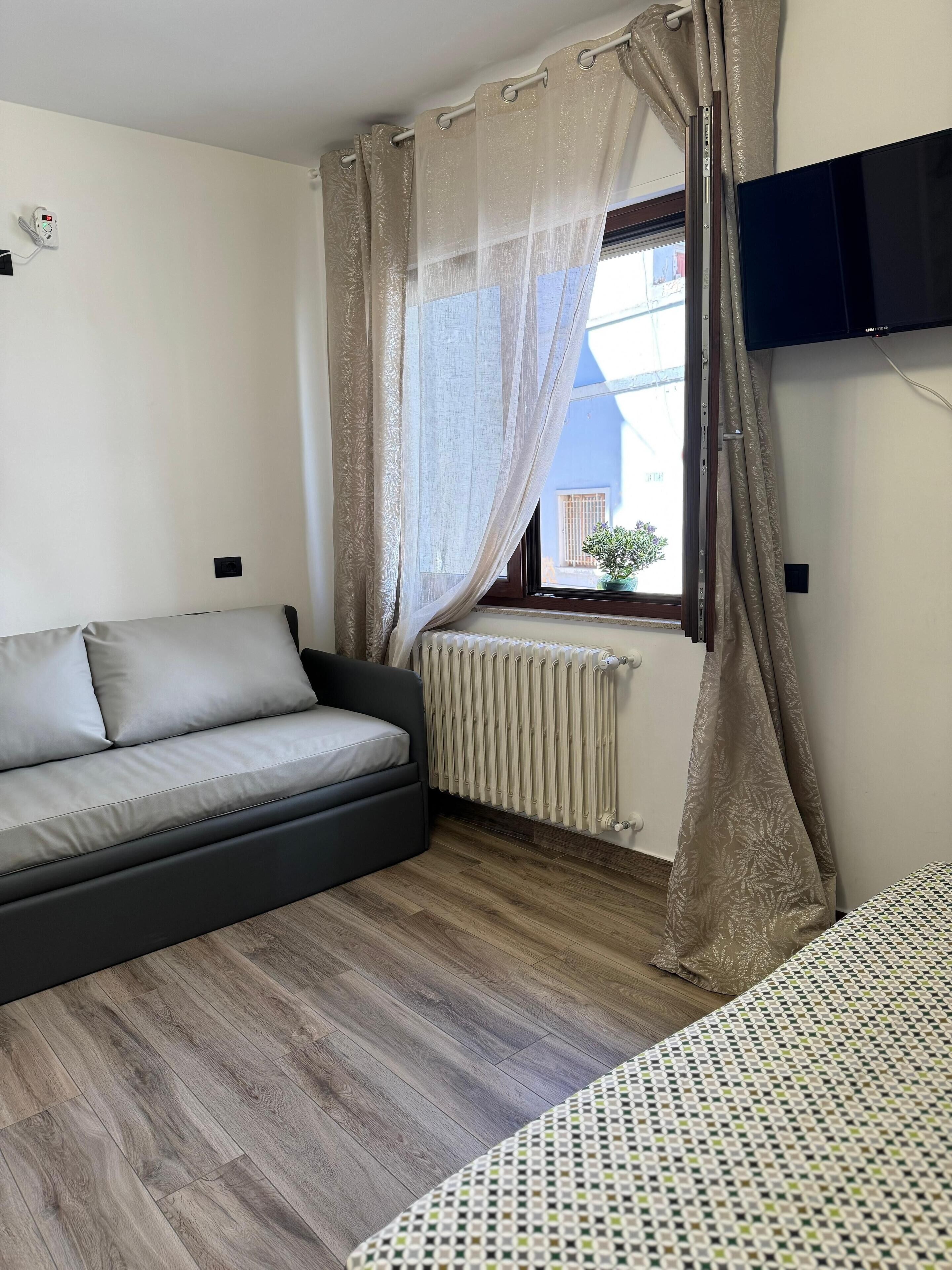 A room with a sofa, a bed, a radiator, and a TV.