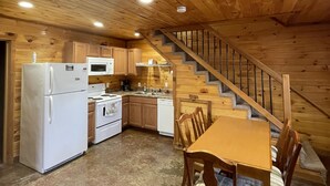 A cozy cabin-style kitchen with wooden walls, a dining table with chairs, and a staircase.