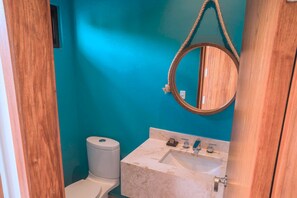 Hair dryer, towels, soap, shampoo