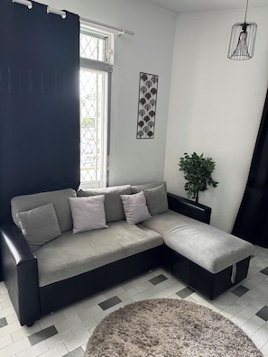 Una sala moderna con un sofá seccional gris, un tapete redondo pequeño, una planta en maceta y un adorno de pared.
