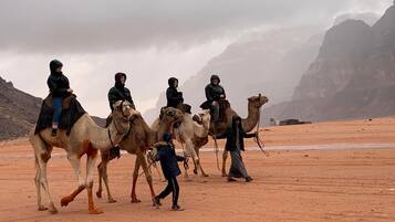 A group of people riding camels in a desert landscape with rocky mountains in the background.