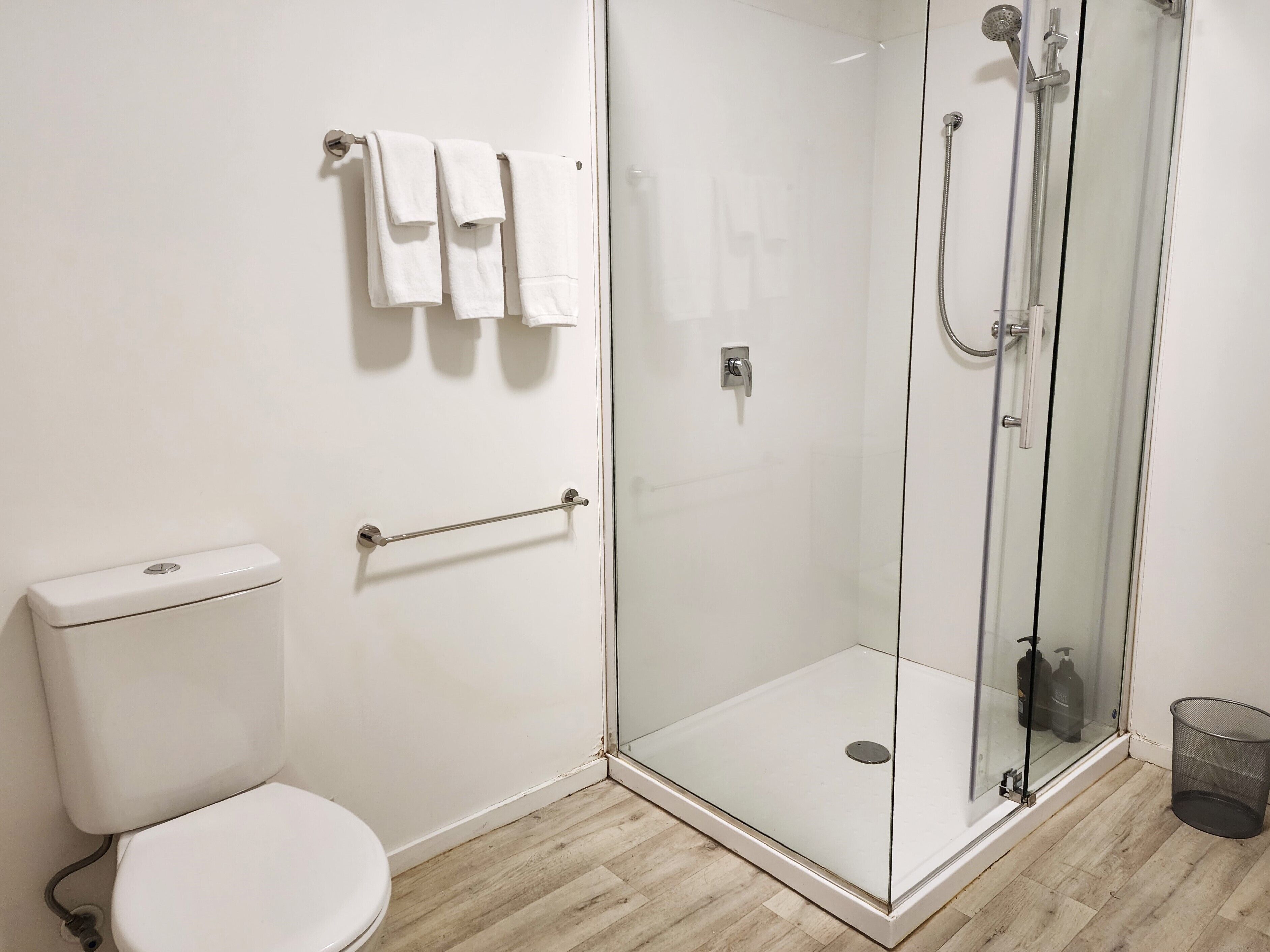 A modern bathroom with a glass-enclosed shower, a toilet, and a handrail.