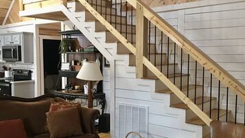 TV connectée, cheminée, lecteur de DVD, livres