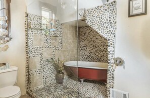 Hair dryer, towels, soap, shampoo
