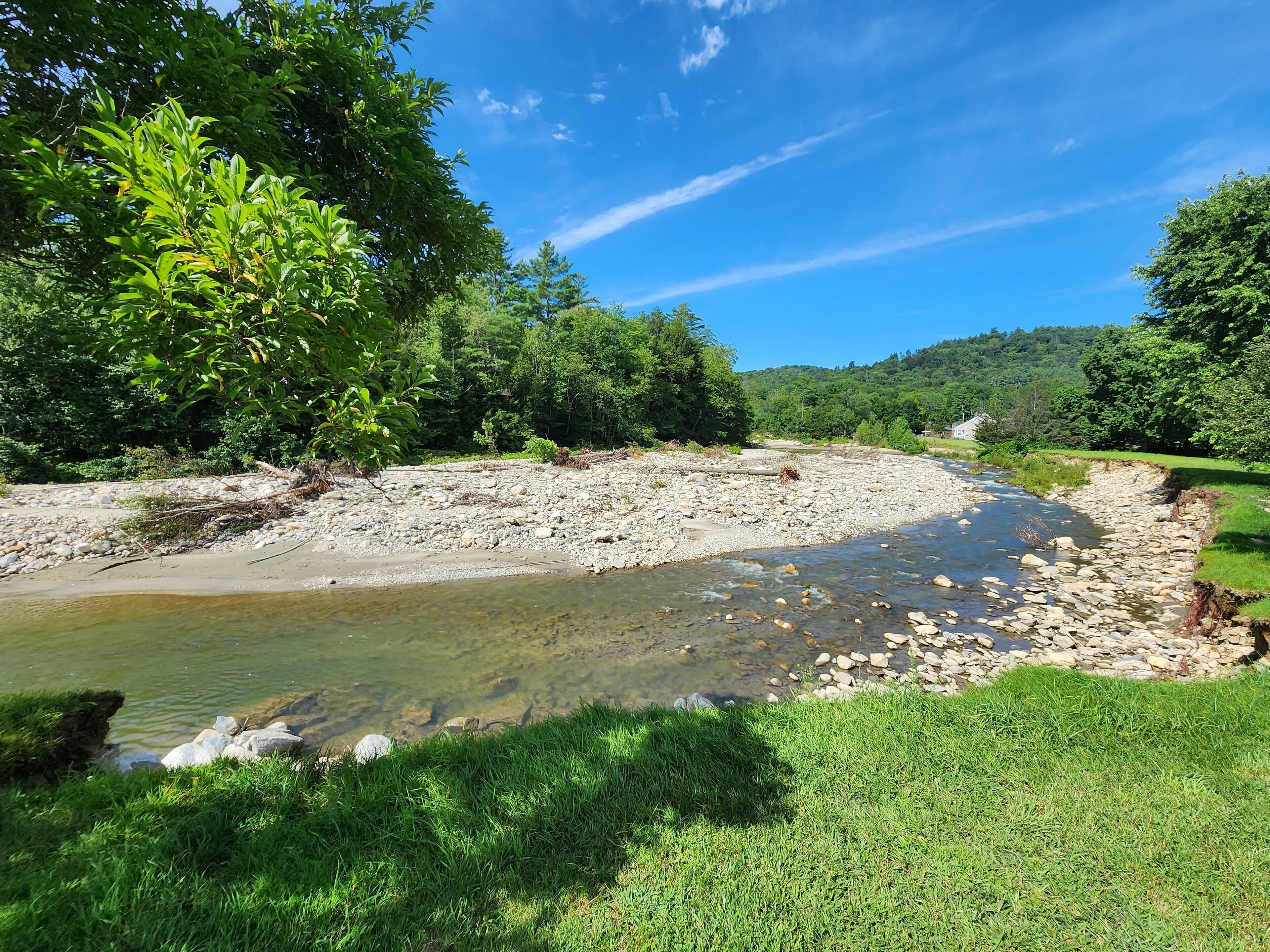 Ein Fluss mit klarem Wasser, umgeben von grünem Gras und Bäumen.