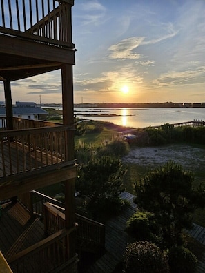 En træterrasse med udsigt til en solnedgang over vand, omgivet af grønt.