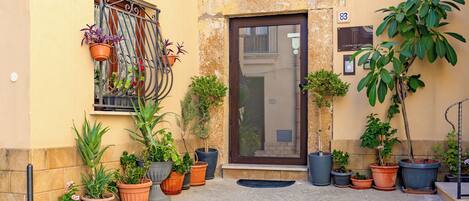 A building entrance with a door, potted plants, and a window with a metal railing.