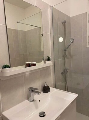 Hair dryer, towels, soap, shampoo