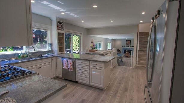 A spacious kitchen with a large island, built-in appliances, and ample natural light.
