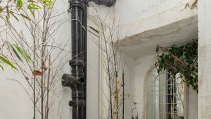 Un cortile con piante in vaso, un vialetto in pietra e un parapetto in metallo.