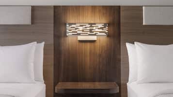Desk, laptop workspace, blackout curtains, iron/ironing board