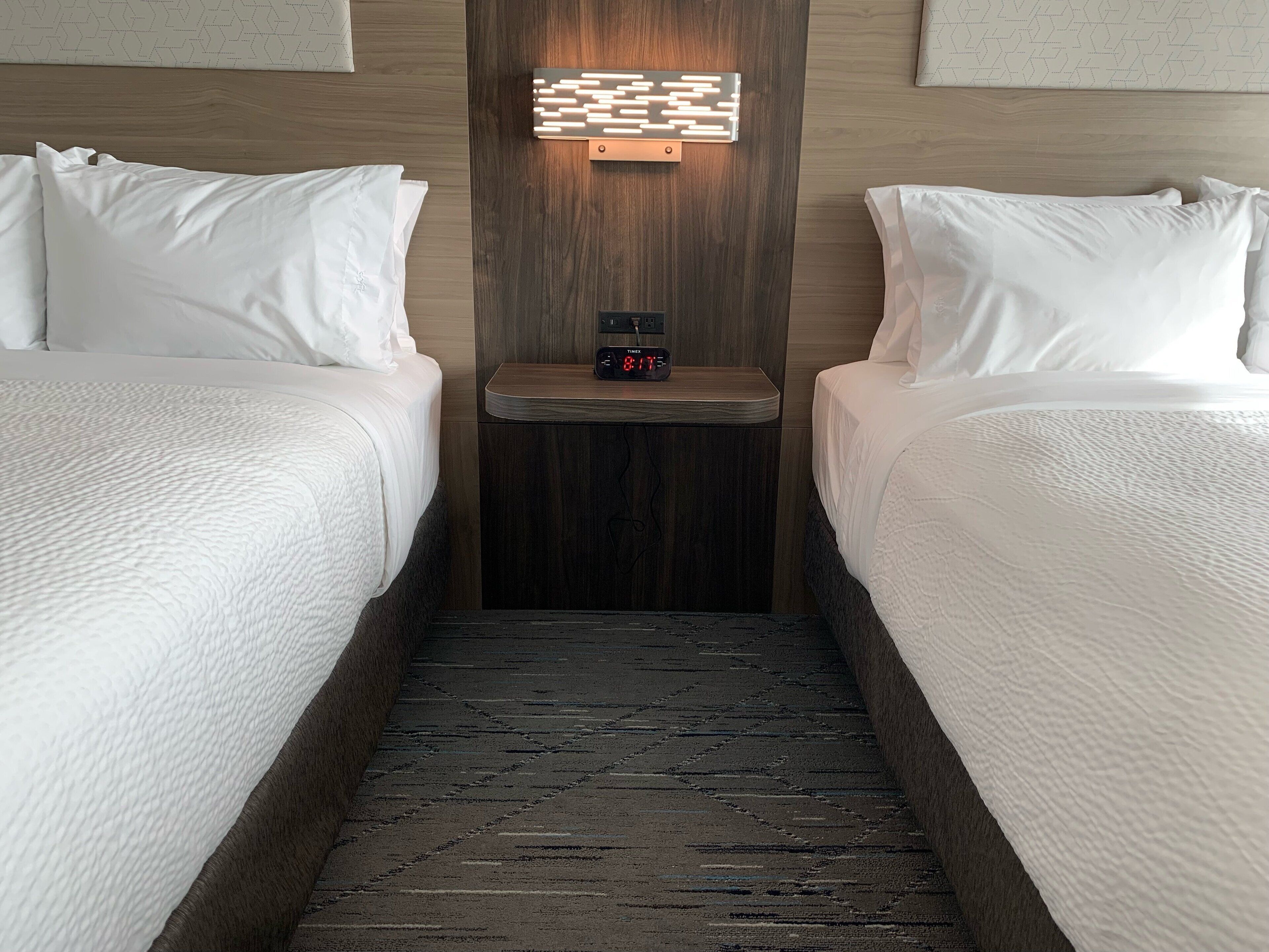 Desk, laptop workspace, blackout drapes, iron/ironing board