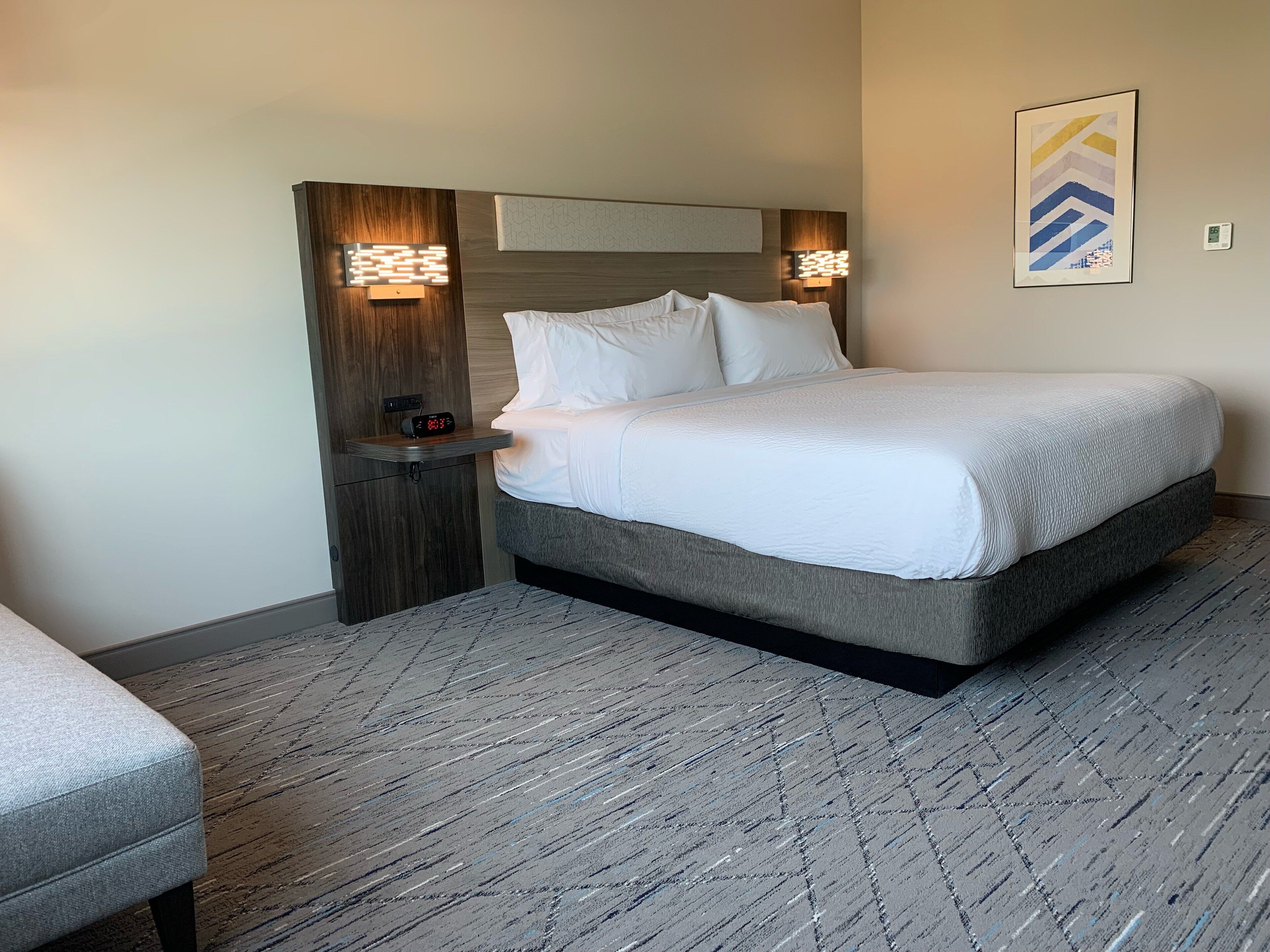 Desk, laptop workspace, blackout curtains, iron/ironing board