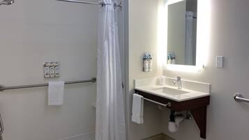 Desk, laptop workspace, blackout curtains, iron/ironing board