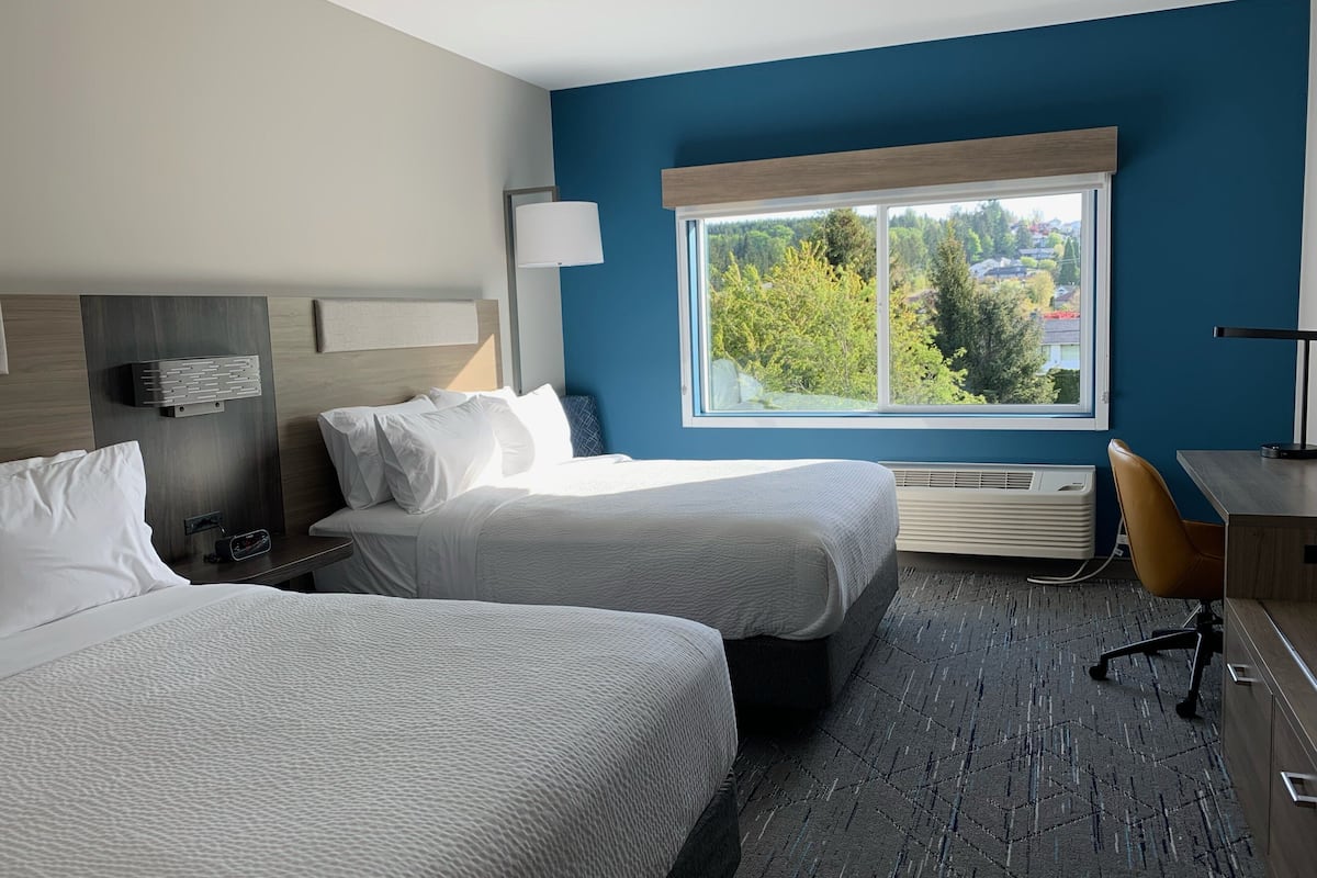 desk, laptop workspace, blackout curtains, iron/ironing board