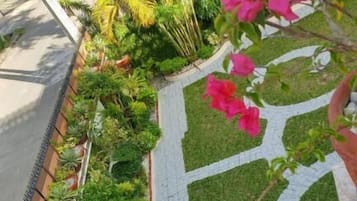 Ein angelegter Garten mit gepflastertem Weg, verschiedenen Pflanzen und rosa Blüten.