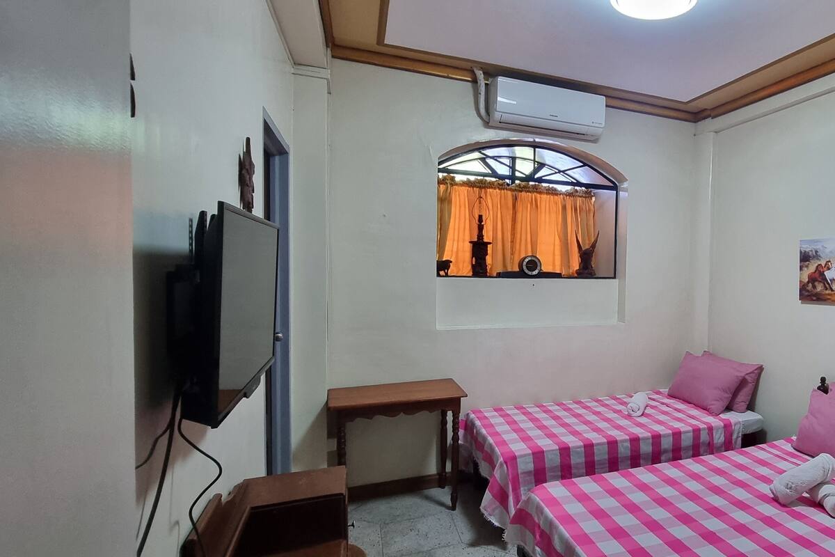 A room with two beds, a TV, a small table, a window with curtains, and a painting on the wall.