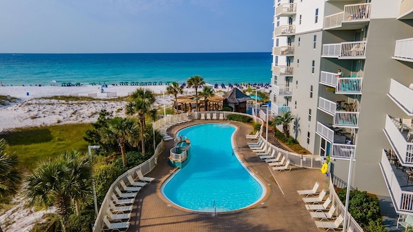 Guests can enjoy ocean views from the comfort of their balcony or lounge by the pool.