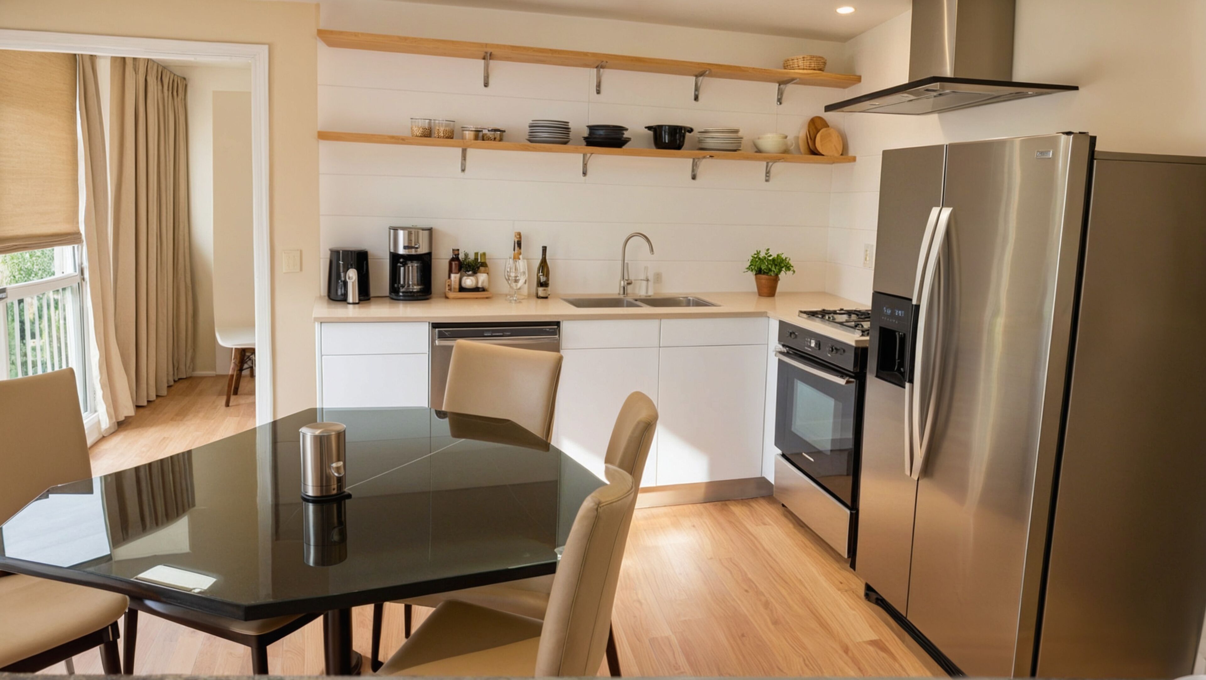 A modern kitchen with a stainless steel refrigerator, a coffee maker, and a sink.