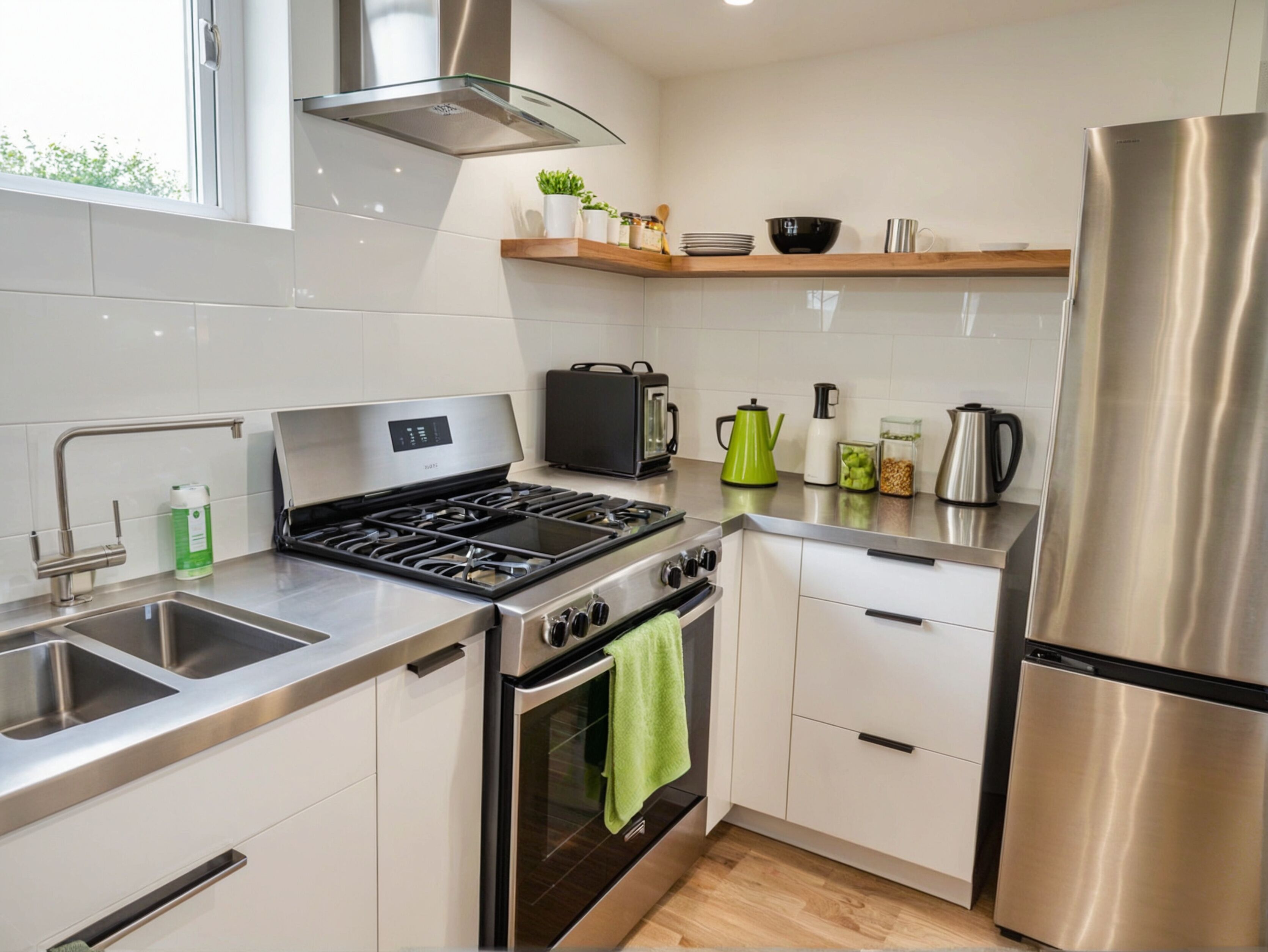 A modern kitchen with stainless steel appliances, a built-in oven, a gas stove, and a refrigerator.