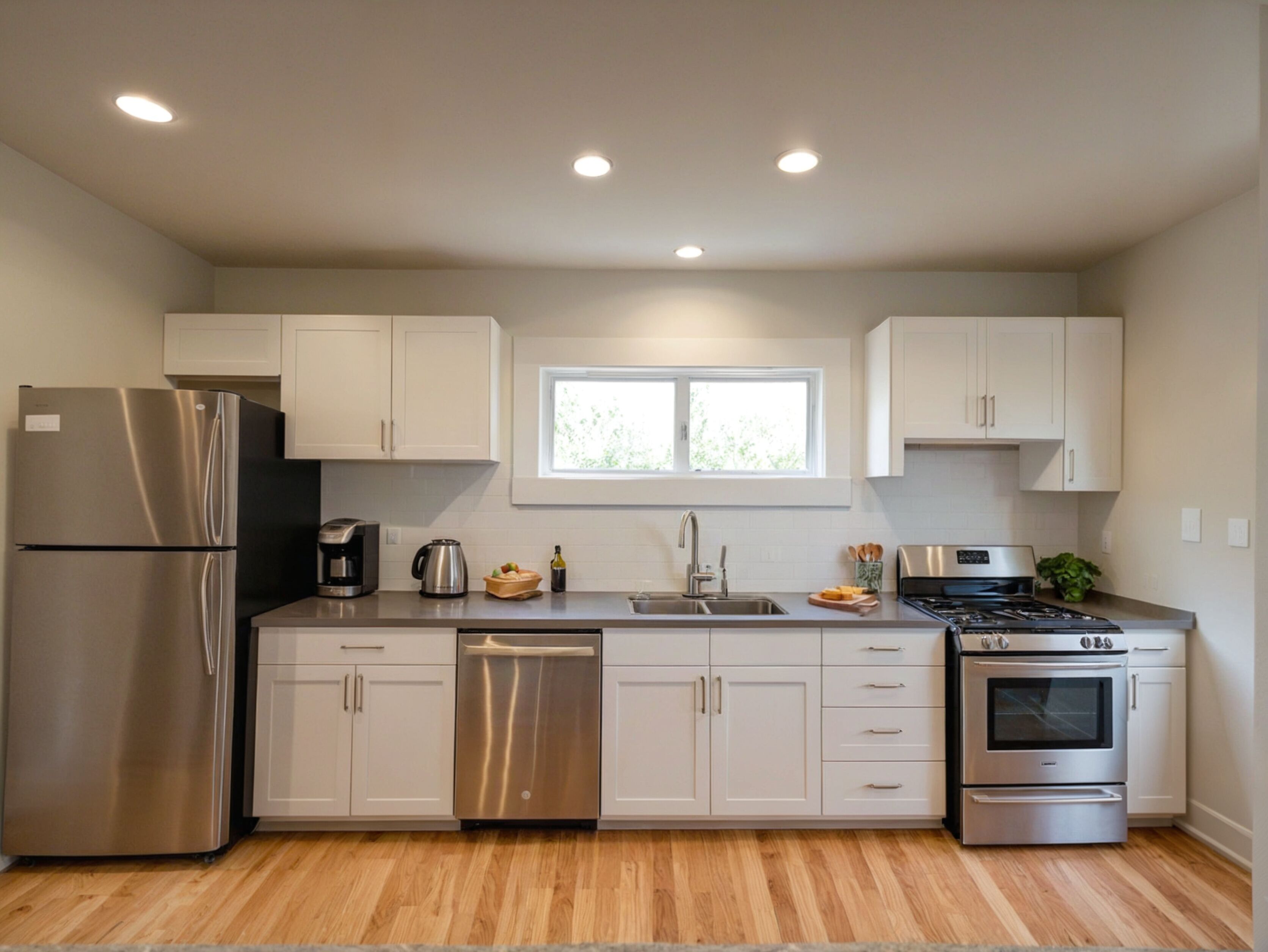 A modern kitchen with stainless steel appliances, white cabinetry, a built-in dishwasher, and a window above the sink.