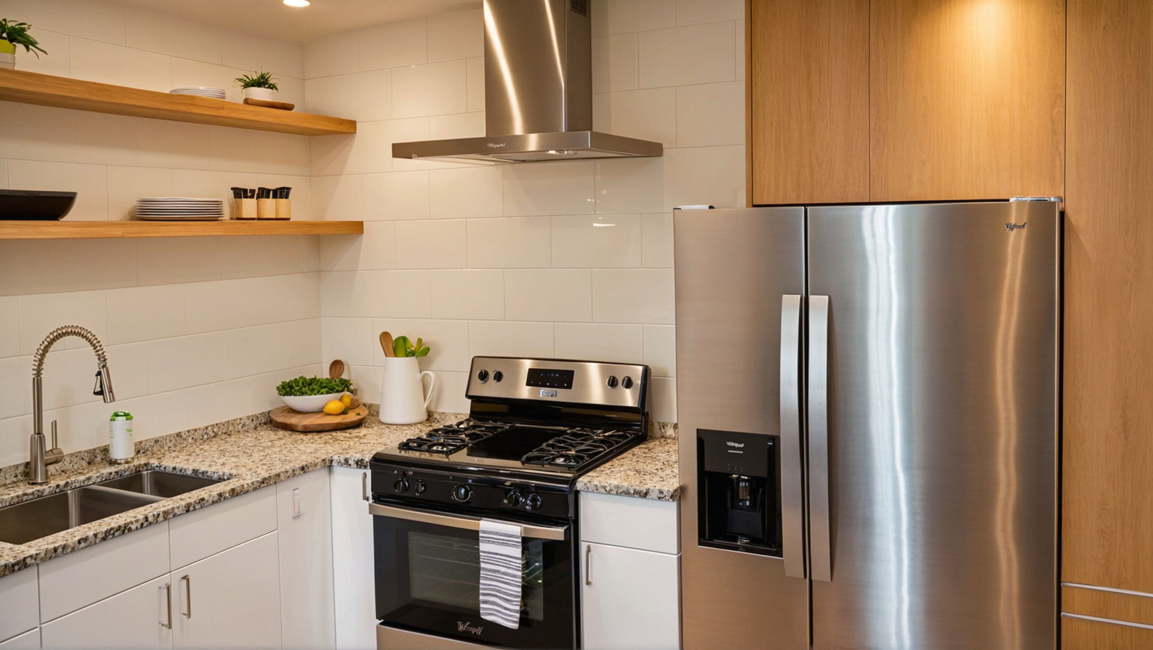 A modern kitchen with stainless steel appliances, white cabinetry, and granite countertops.