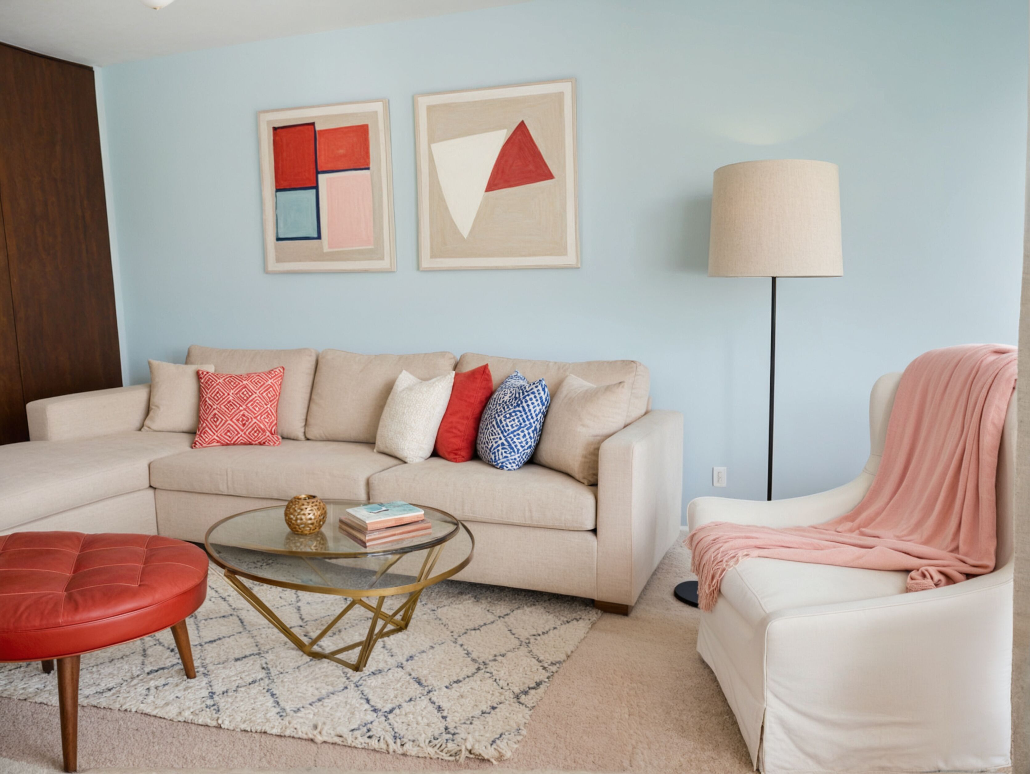 A living room with a beige sofa, red and blue patterned pillows, a glass coffee table, a red ottoman, a white armchair with a pink throw, and two abstract paintings on the wall.