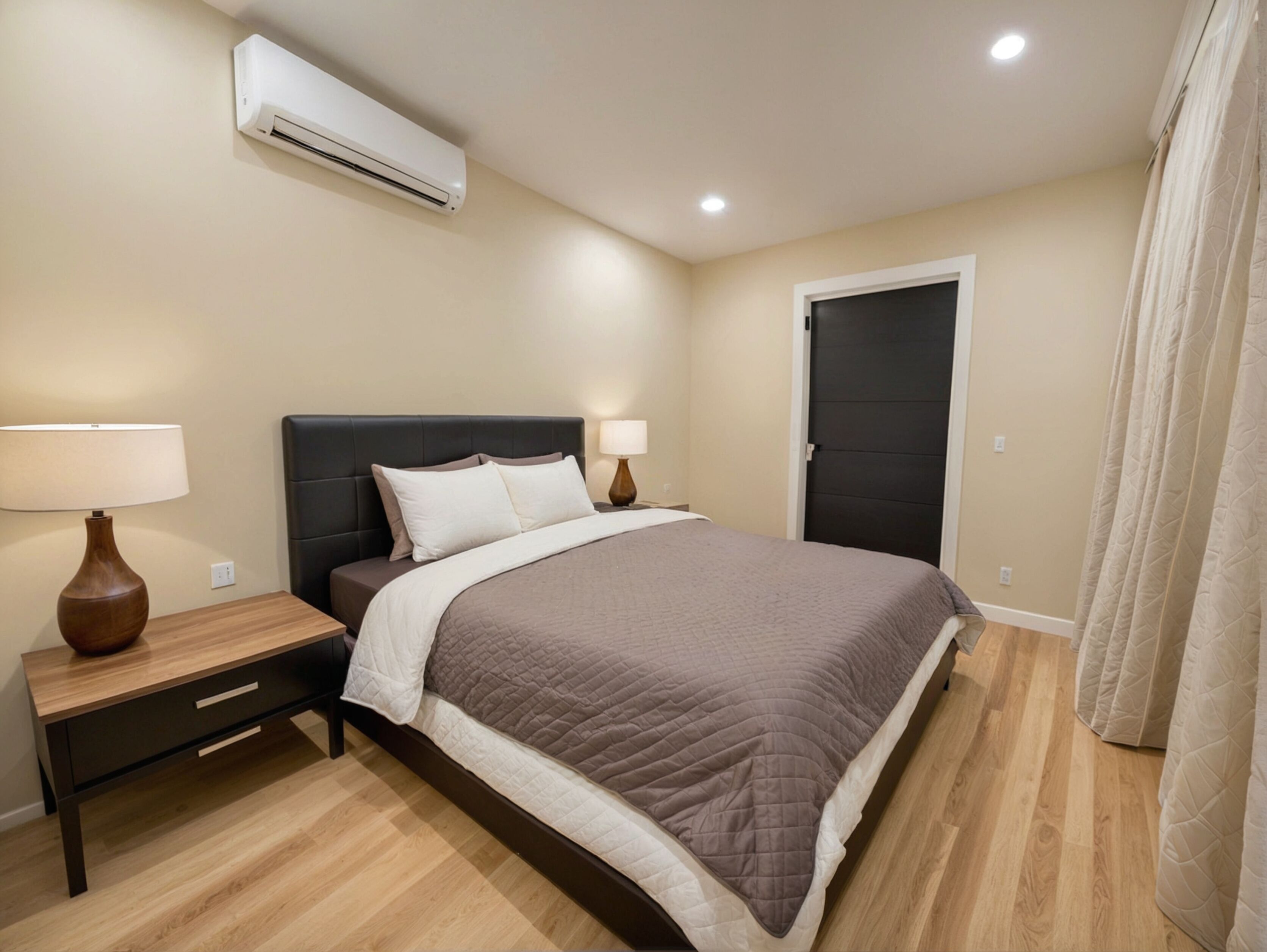 A neatly arranged bedroom with a bed, bedside tables, an air conditioning unit, and a door.