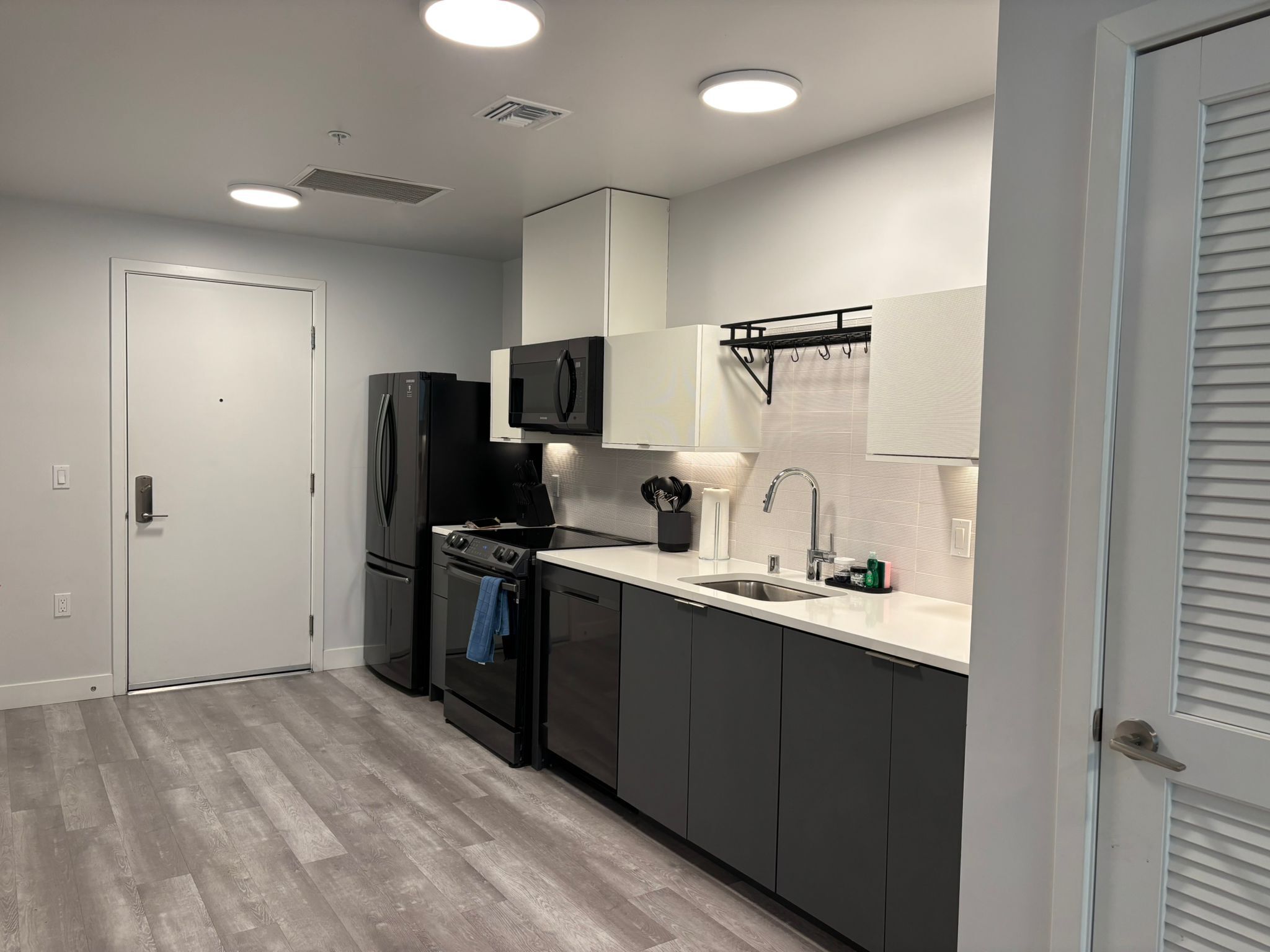 A modern kitchen with a black refrigerator, a microwave, a stove, and a sink. There are cabinets and a countertop.