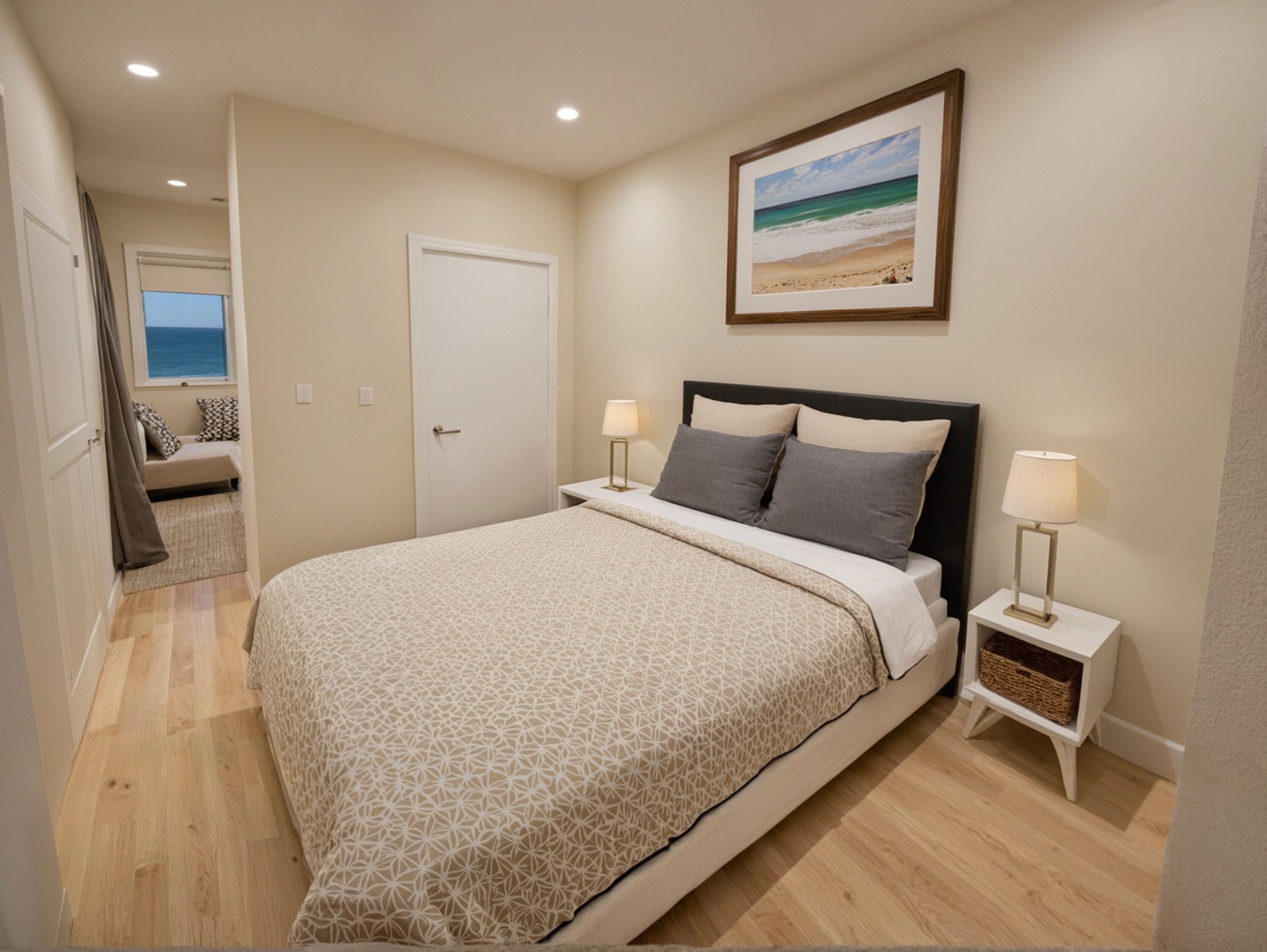 A bedroom with a bed, bedside tables, a framed picture on the wall, and a view of the sea through a window.