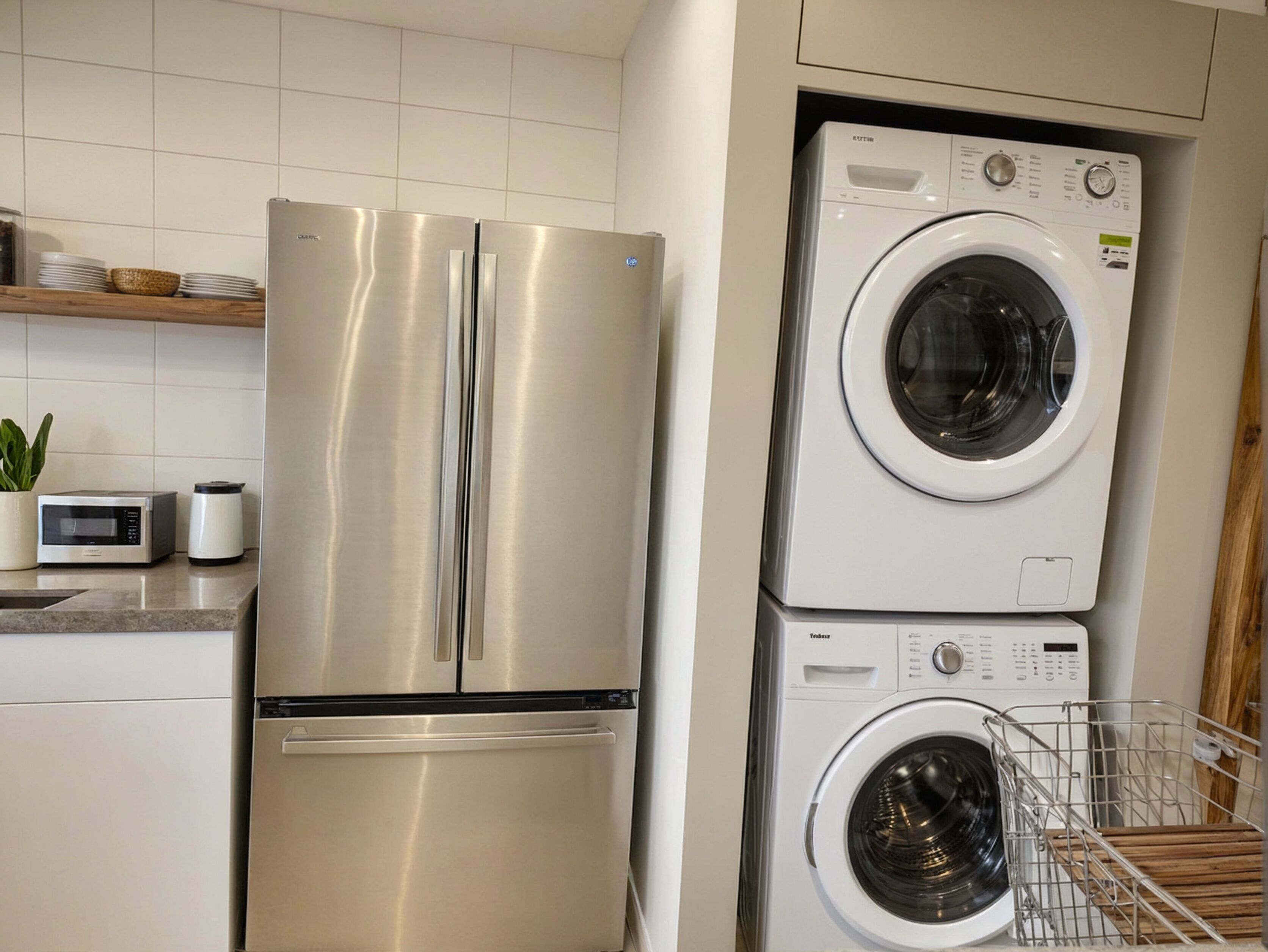 A kitchen with a stainless steel refrigerator, a microwave, and a stacked washer and dryer unit.