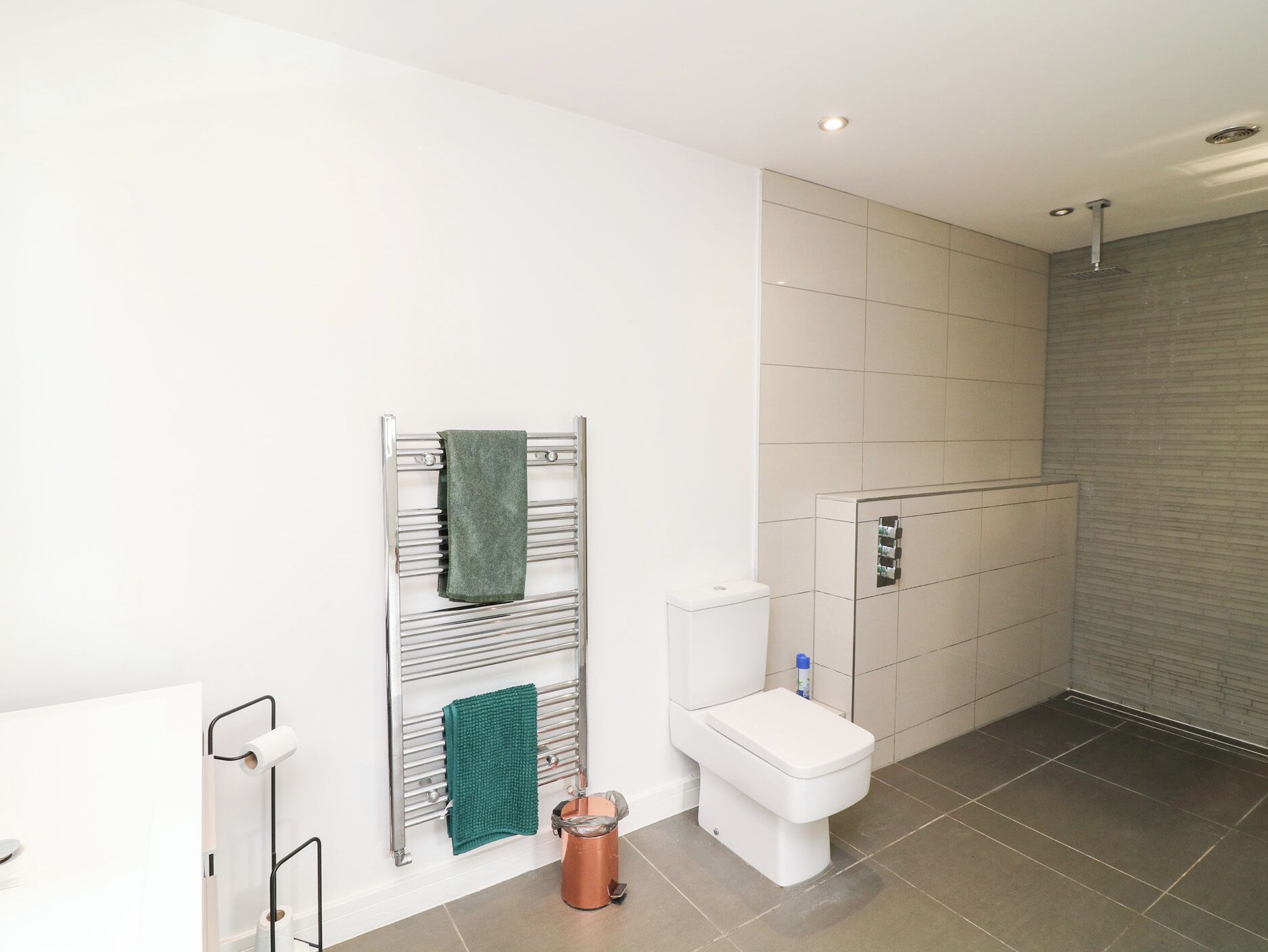 Un baño moderno con inodoro, toallero, ducha y cubo de basura.