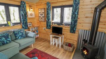 Ein gemütliches Blockhaus-Interieur mit Sofa, Fernseher, Bücherregal und Kaminofen.