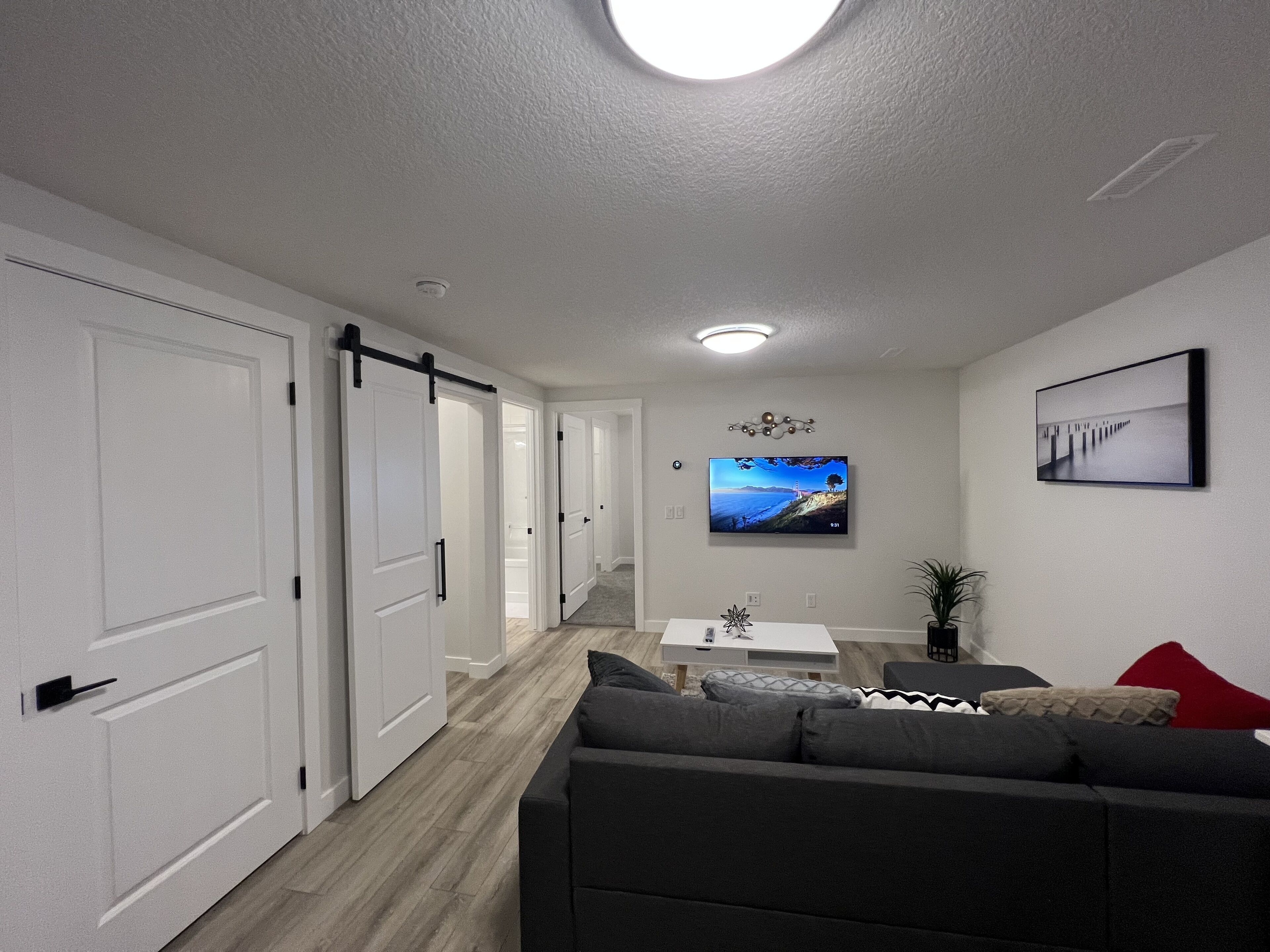 A modern living room with a gray sofa, a flat-screen TV mounted on the wall, and a ceiling light.