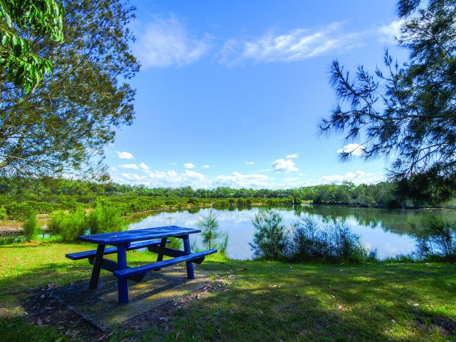 A picnic table by a calm lake surrounded by lush greenery.