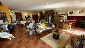 A spacious living area with a rustic stone wall, wicker furniture, and a kitchen area with a stove.