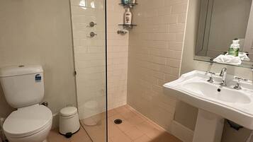 A bathroom with a toilet, a glass-enclosed shower, a sink, and a mirror.