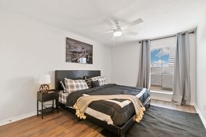 1 bedroom, desk, iron/ironing board, travel cot